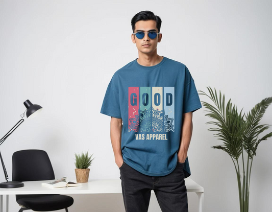 Men's petrol blue half sleeve graphic printed over-sized t-shirt.