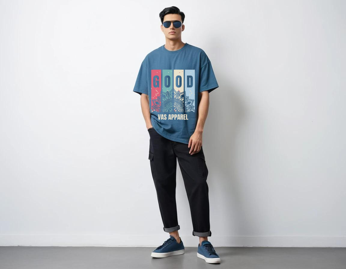 Men's petrol blue half sleeve graphic printed over-sized t-shirt.