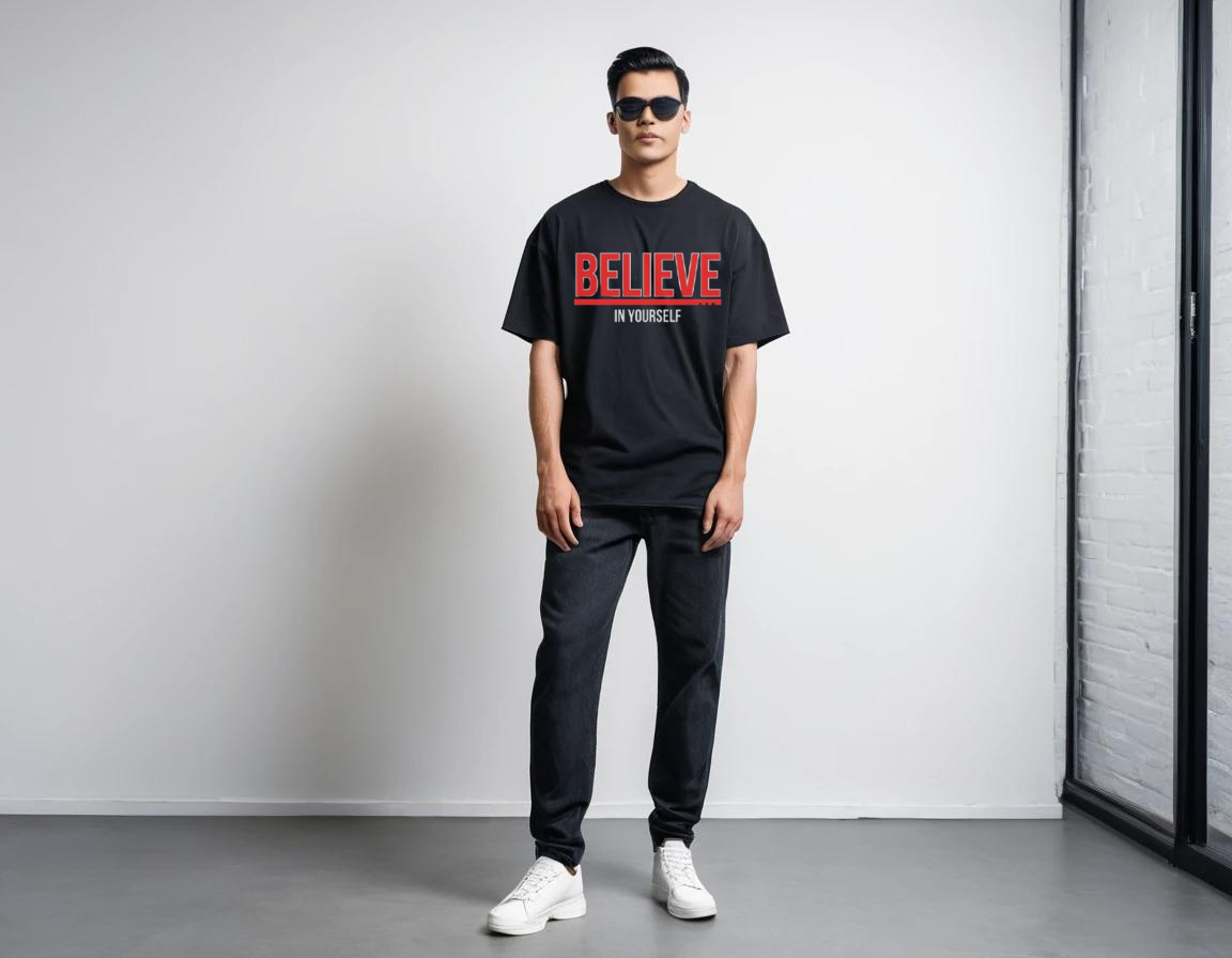 Men's black half sleeve graphic printed over-sized t-shirt.