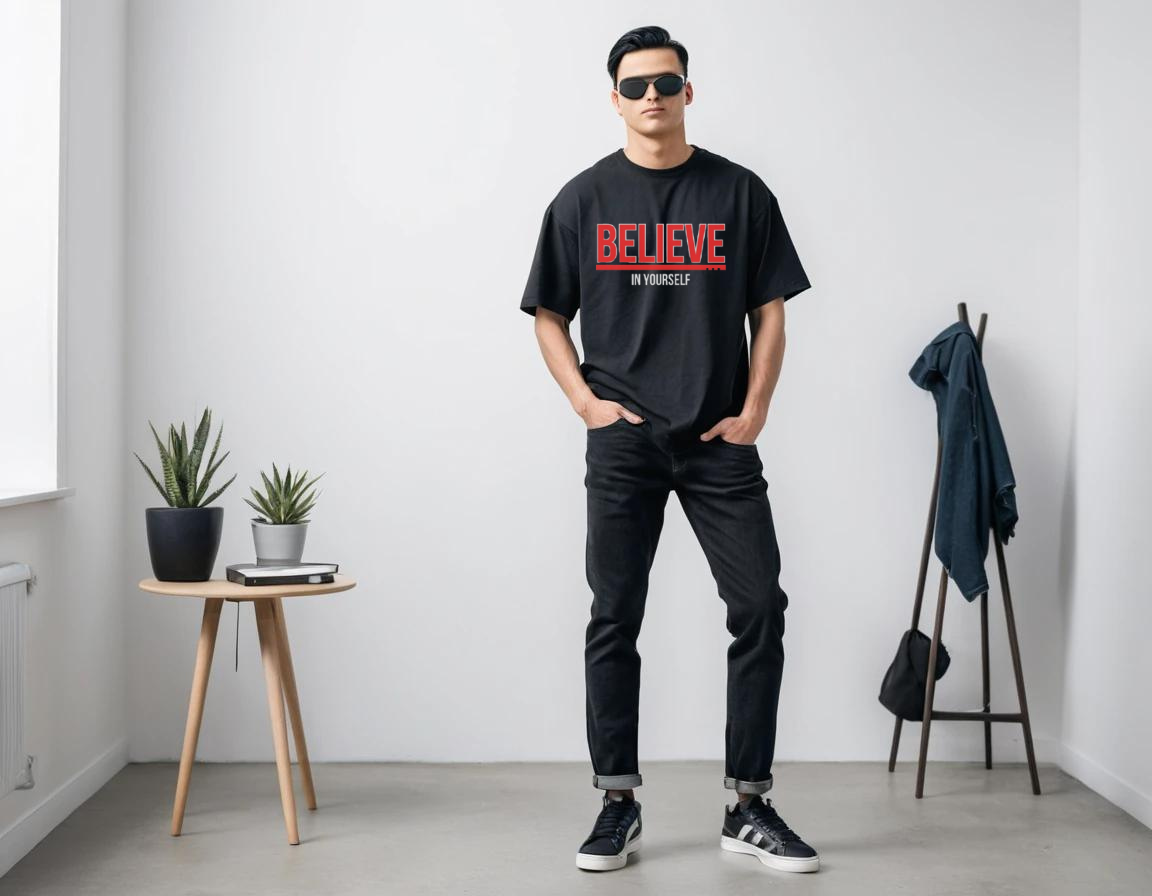 Men's black half sleeve graphic printed over-sized t-shirt.