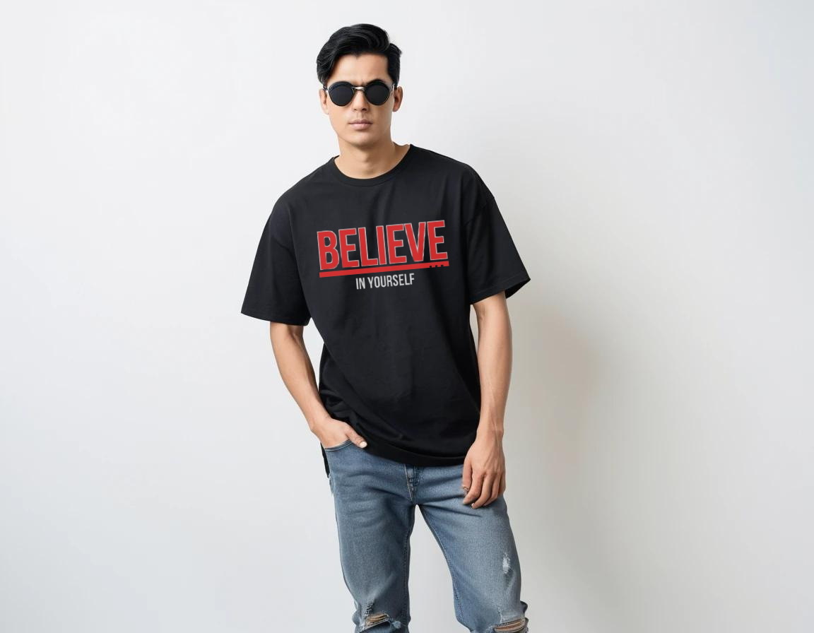 Men's black half sleeve graphic printed over-sized t-shirt.