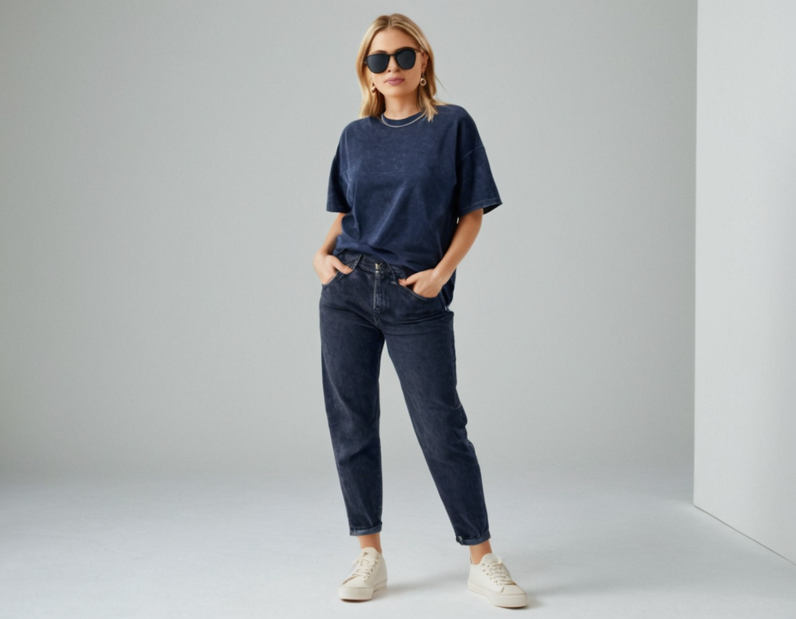 Women's navy blue acid wash oversized t-shirt