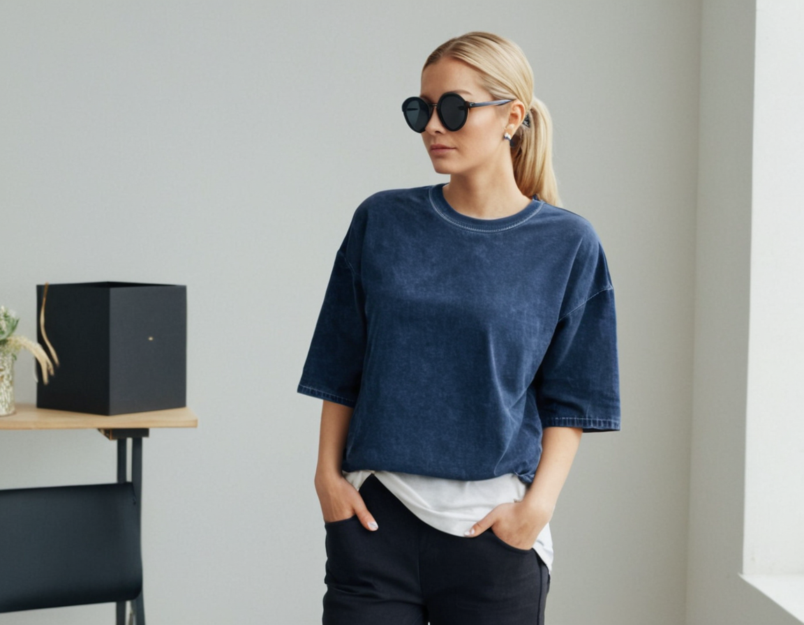 Women's navy blue acid wash oversized t-shirt