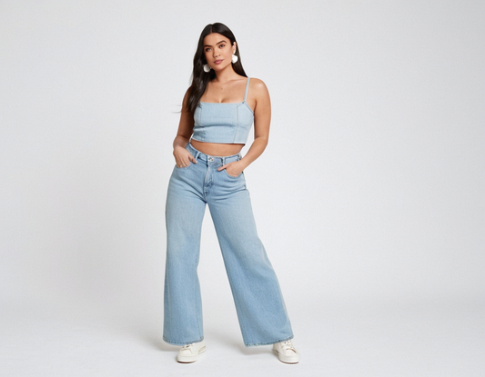 Women's washed blue baggy jeans