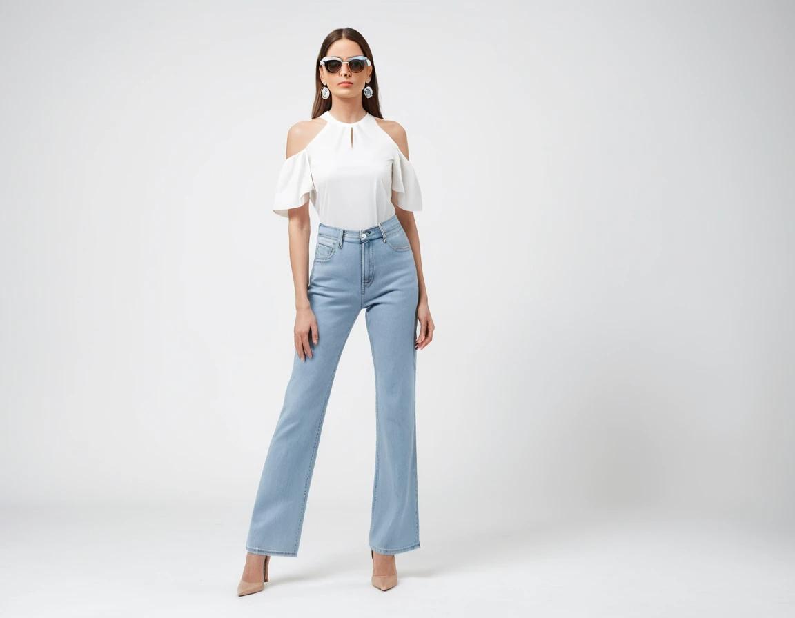 Women's washed blue straight fit jeans