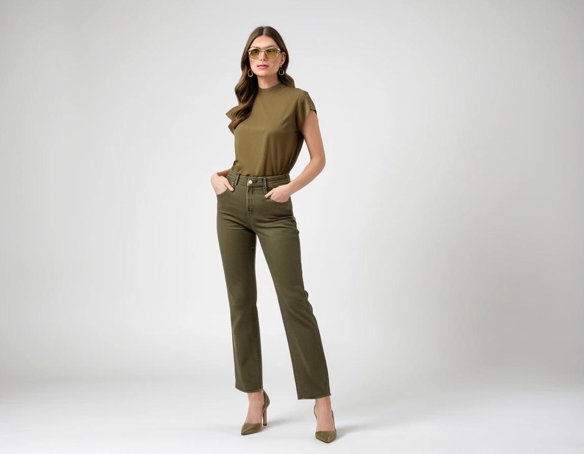 Women's olive green straight fit jeans
