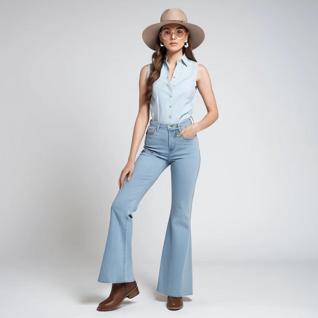 Women's washed blue flare jeans