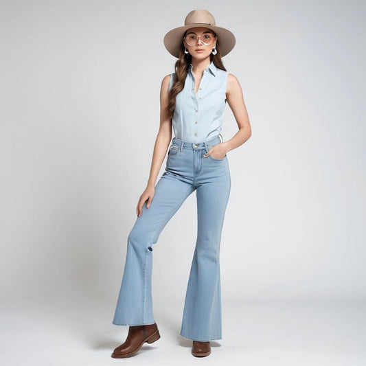 Women's washed blue flare jeans