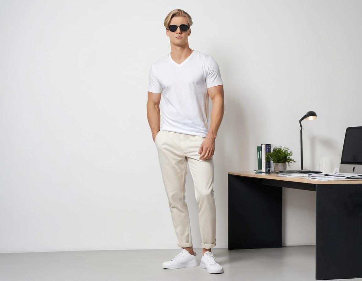 Men's solid white V-neck t-shirt.