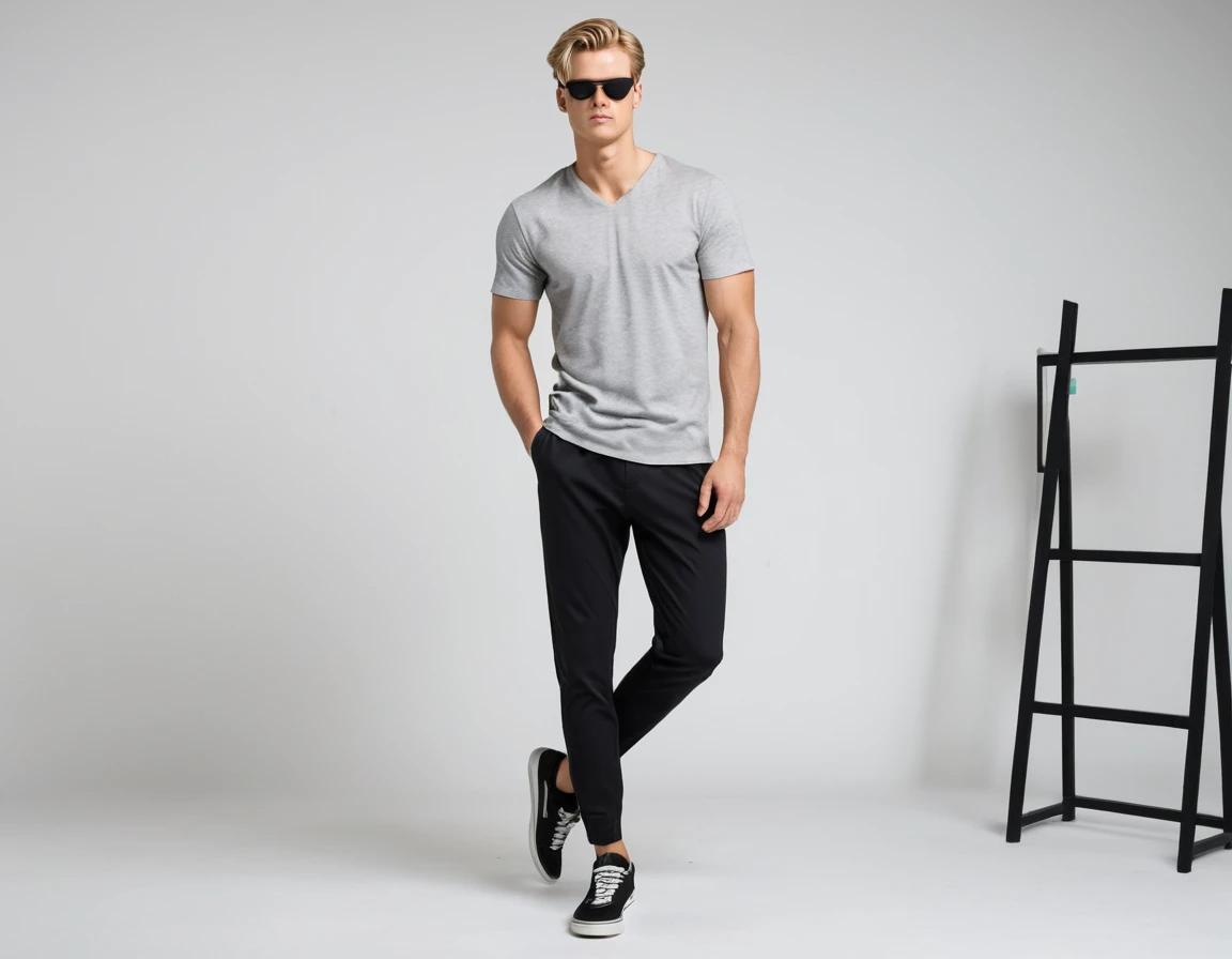 Men's solid grey V-neck t-shirt.