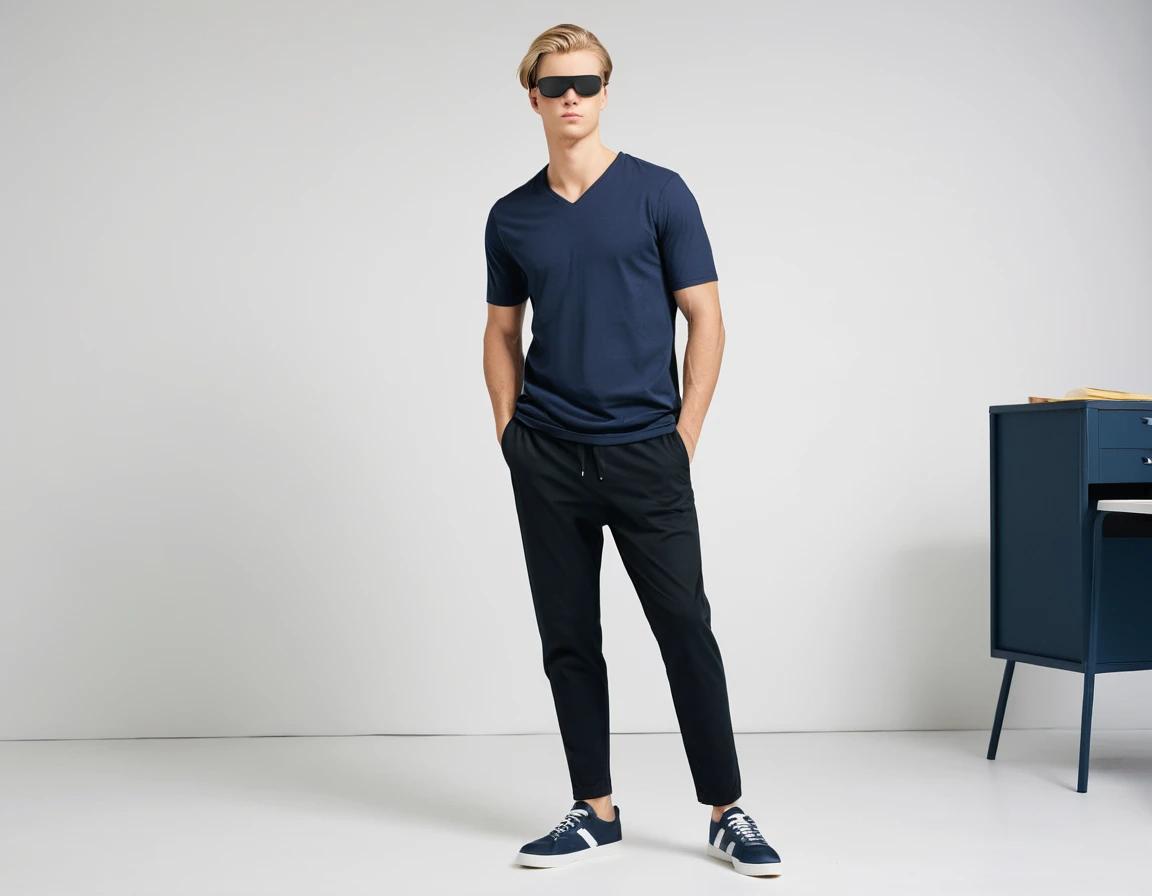 Men's solid petrol blue V-neck t-shirt.