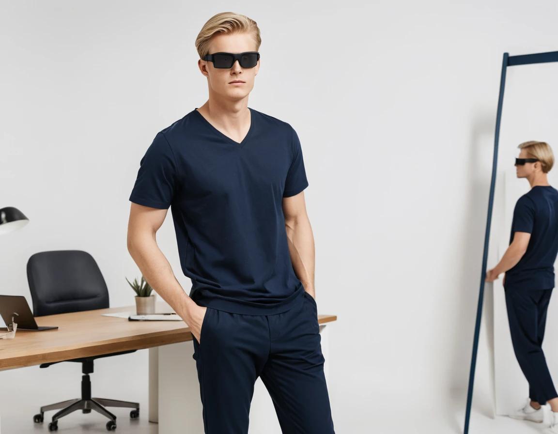 Men's solid petrol blue V-neck t-shirt.