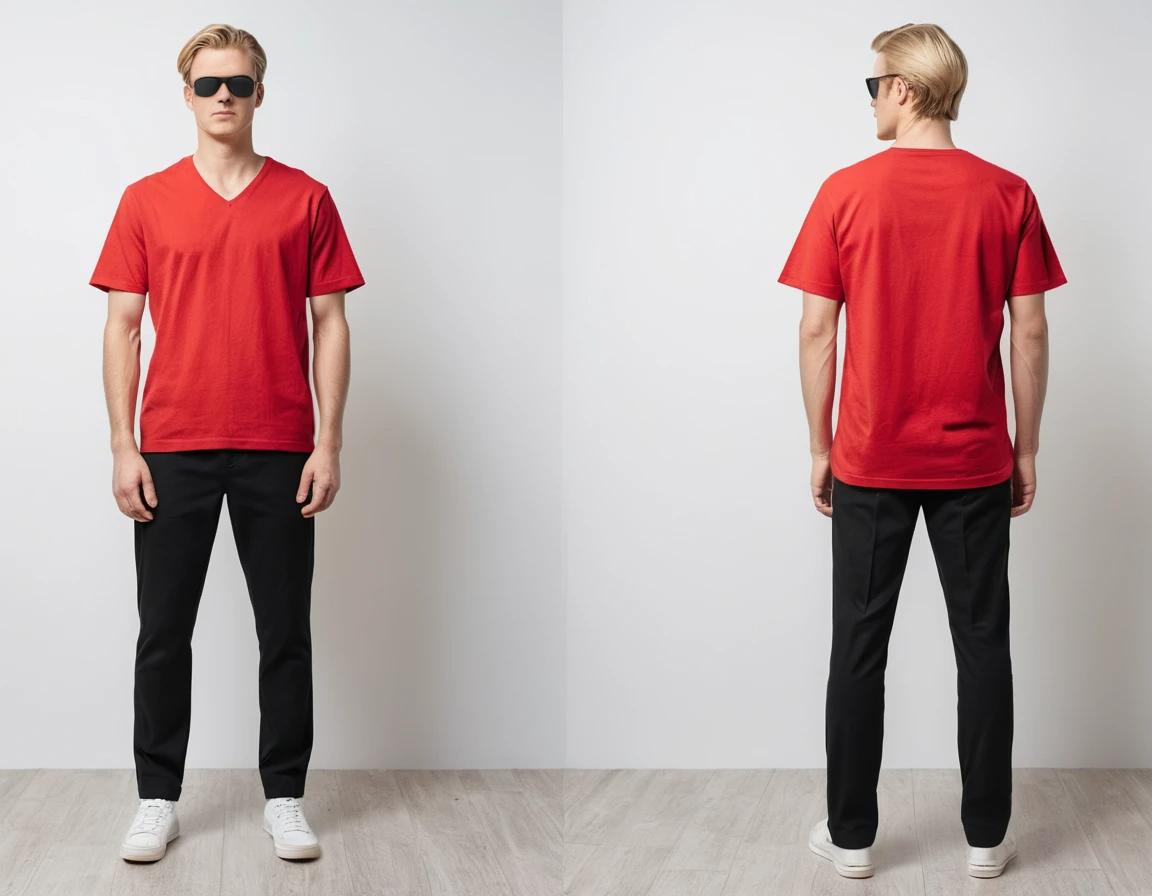 Men's solid red V-neck t-shirt.