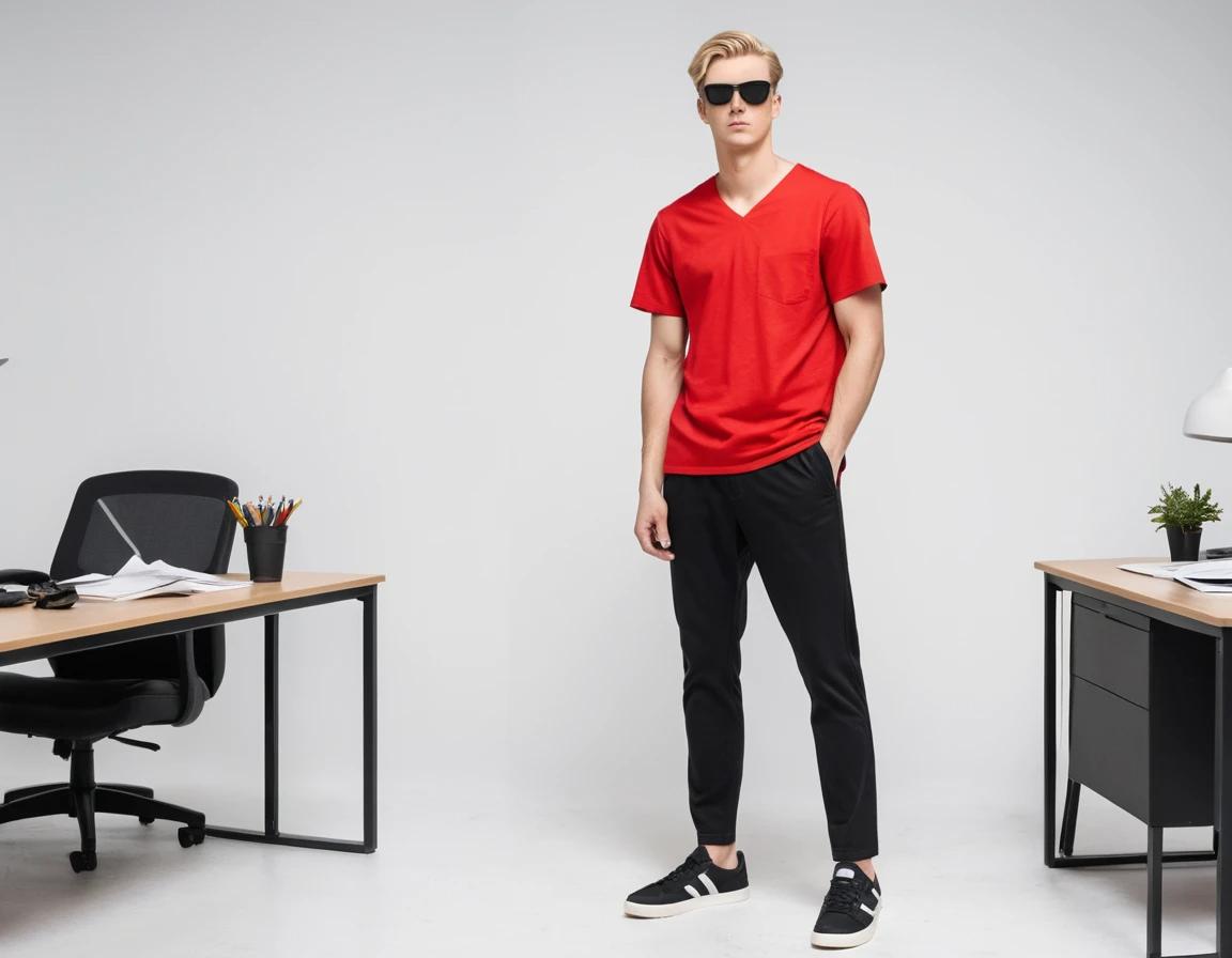 Men's solid red V-neck t-shirt.