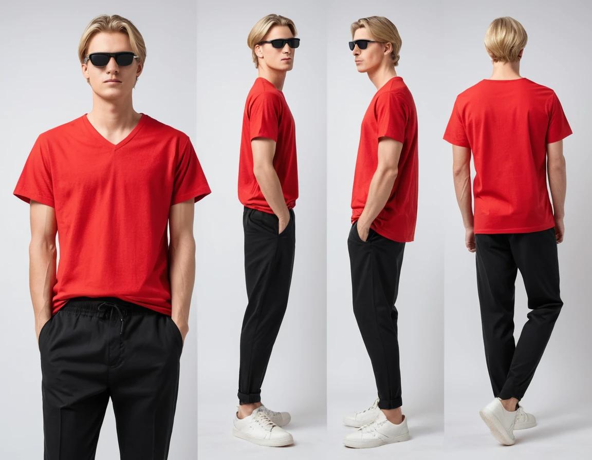 Men's solid red V-neck t-shirt.
