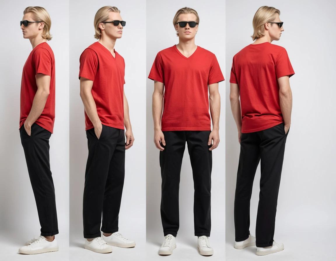 Men's solid red V-neck t-shirt.