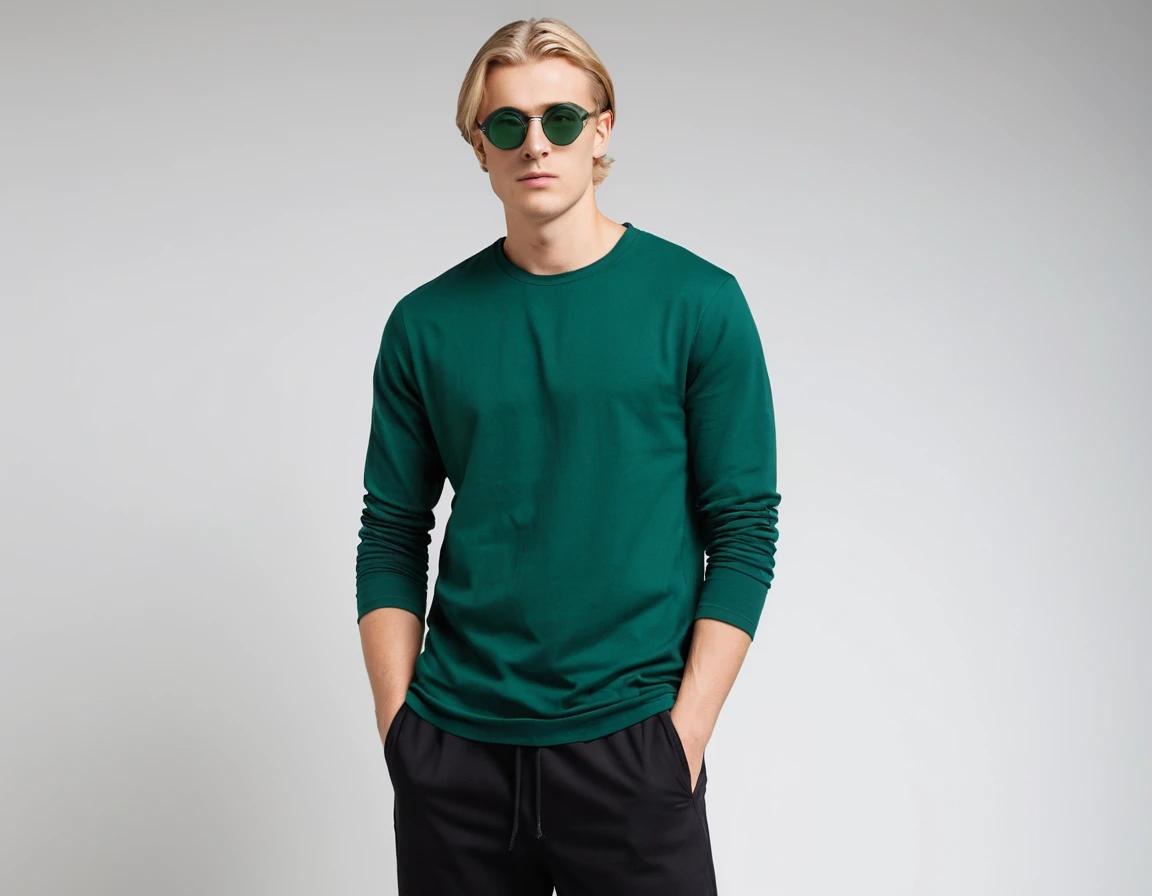 Men's solid bottle green full sleeve t-shirt.