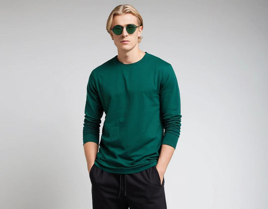 Men's solid bottle green full sleeve t-shirt.