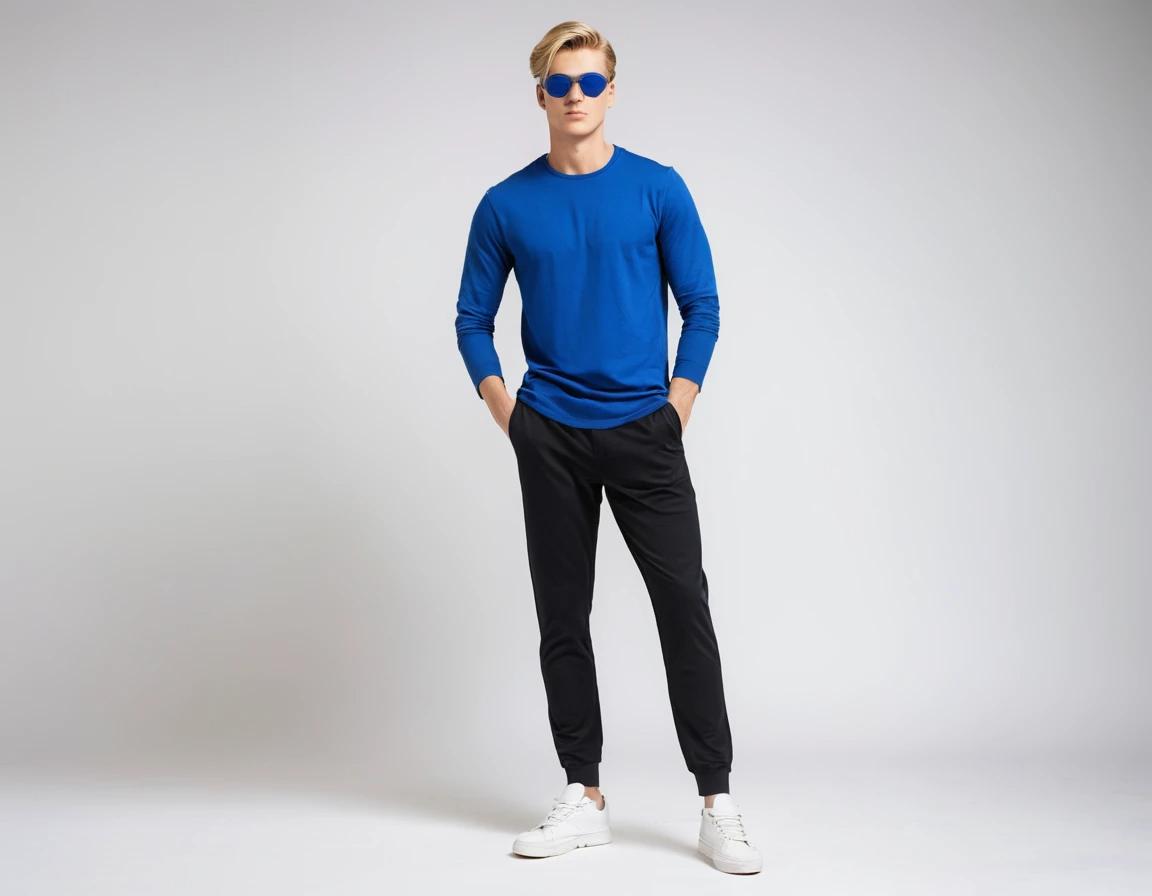 Men's solid royal blue full sleeve t-shirt.