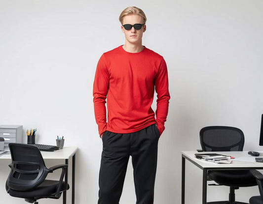 Men's solid brick red full sleeve t-shirt.