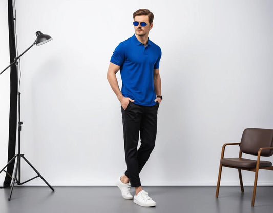 Men's royal blue polo.