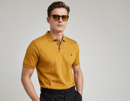 Men's mustard yellow polo.