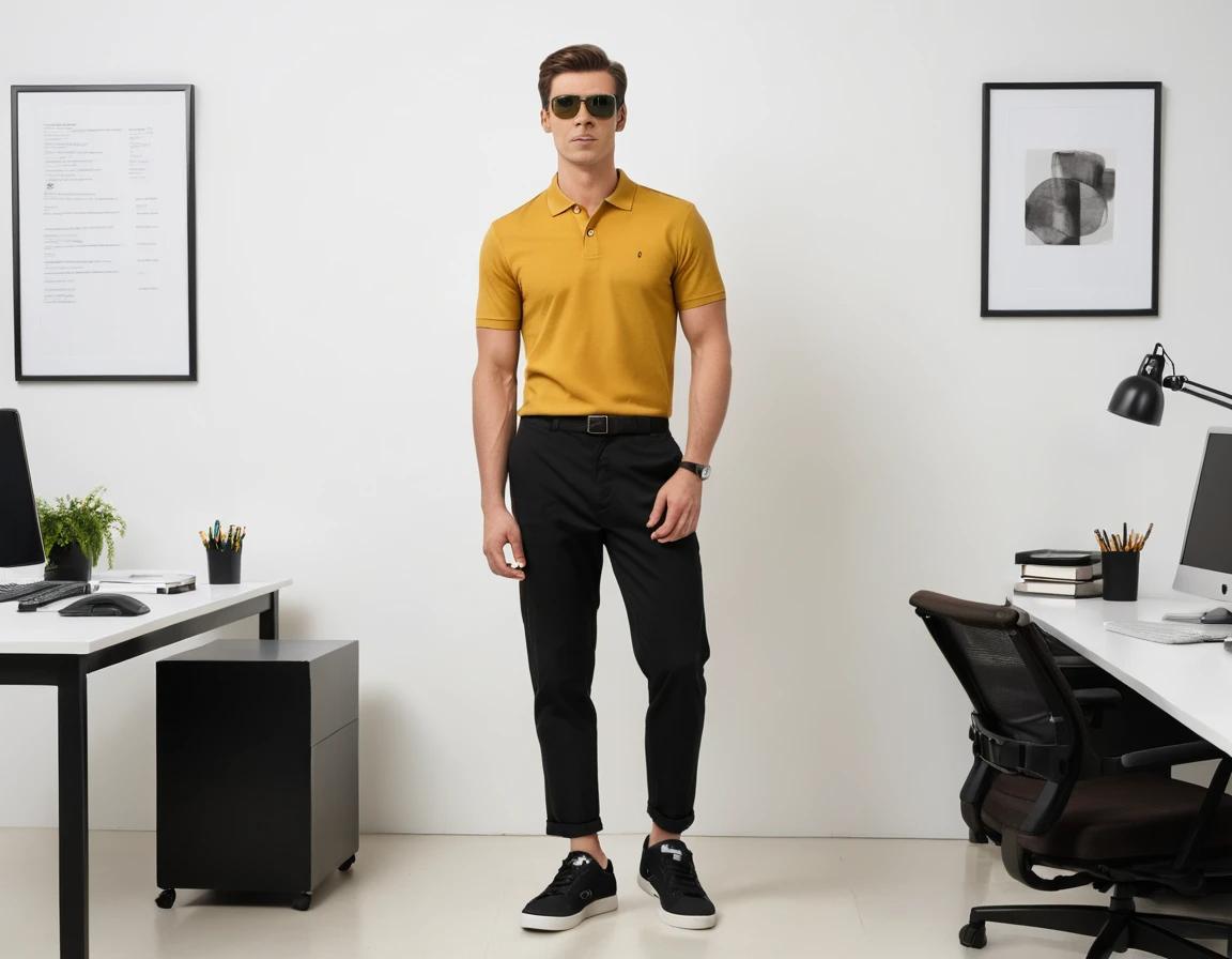 Men's mustard yellow polo.