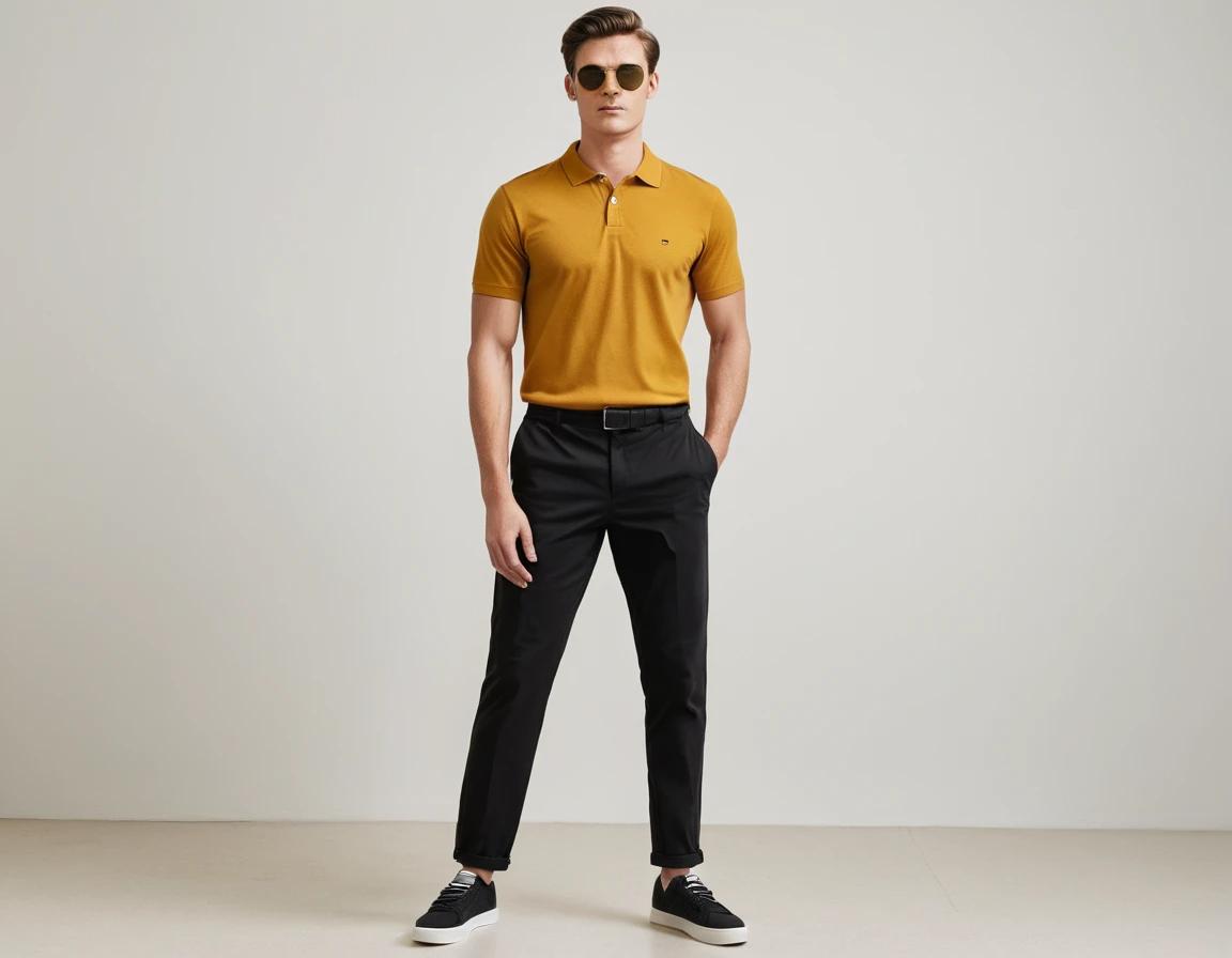 Men's mustard yellow polo.