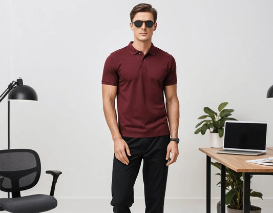 Men's maroon polo.