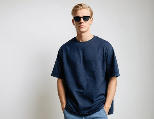 Men's solid navy blue half sleeve oversized  t-shirt.