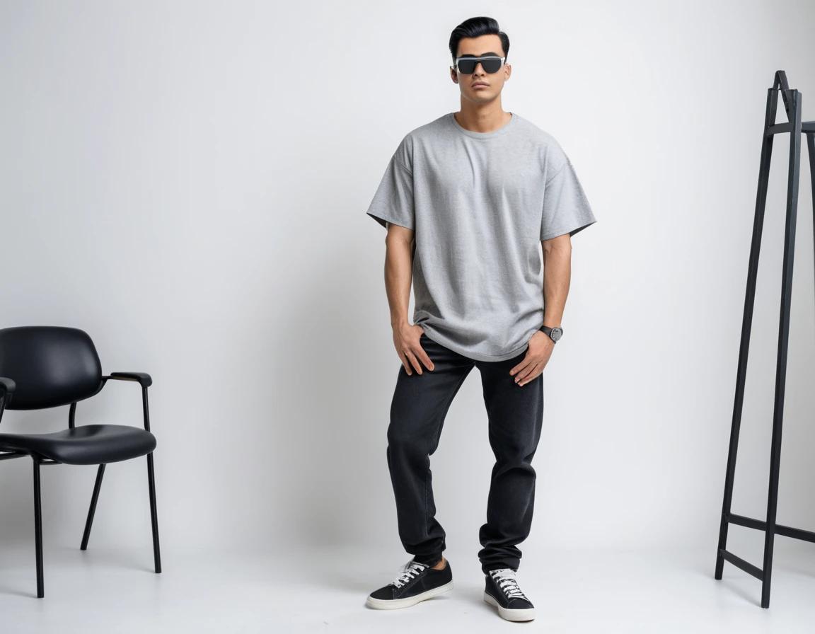 Men's solid grey half sleeve oversized  t-shirt.