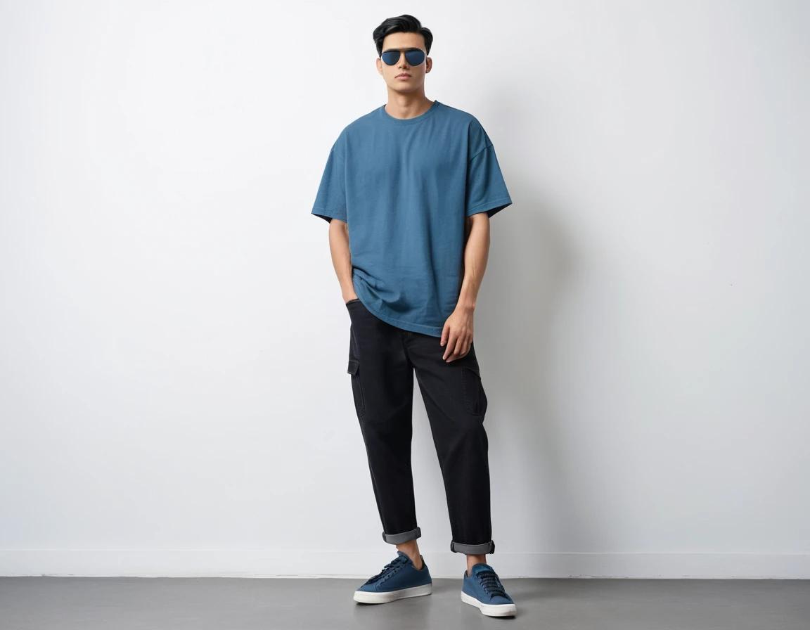 Men's solid petrol blue half sleeve oversized  t-shirt.