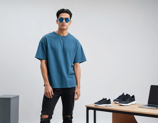 Men's solid petrol blue half sleeve oversized  t-shirt.