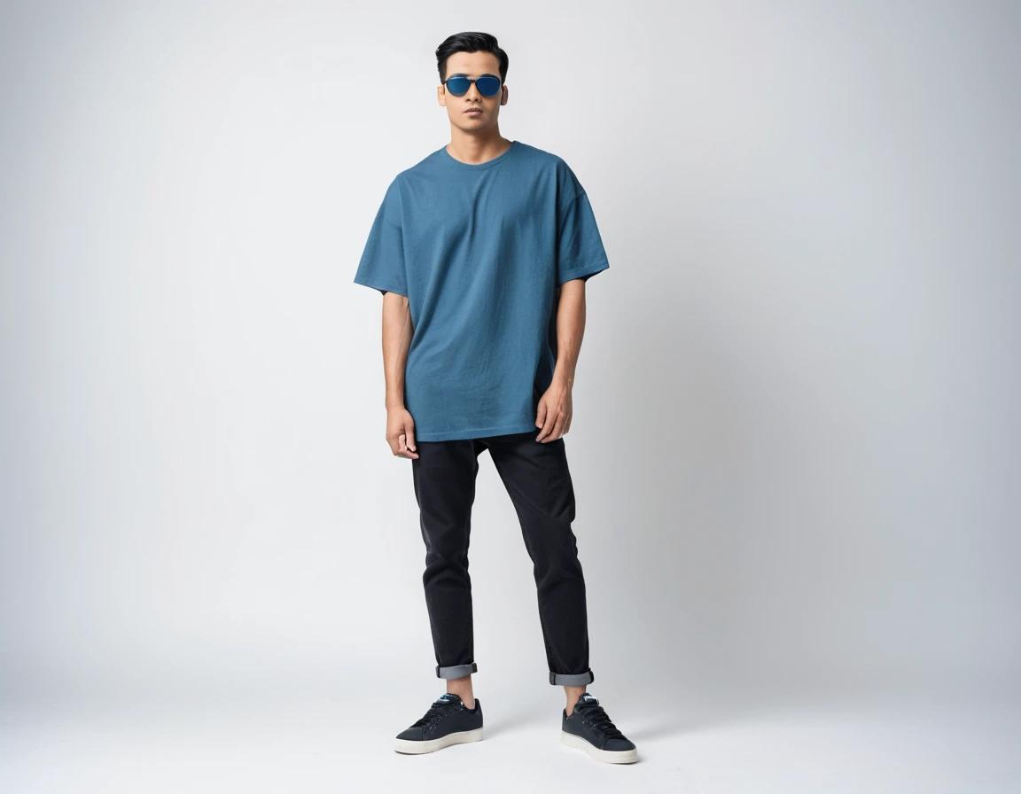 Men's solid petrol blue half sleeve oversized  t-shirt.