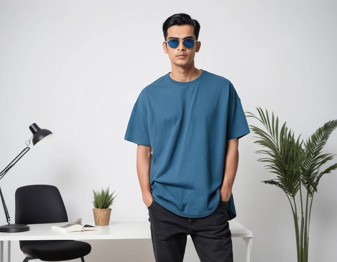Men's solid petrol blue half sleeve oversized  t-shirt.