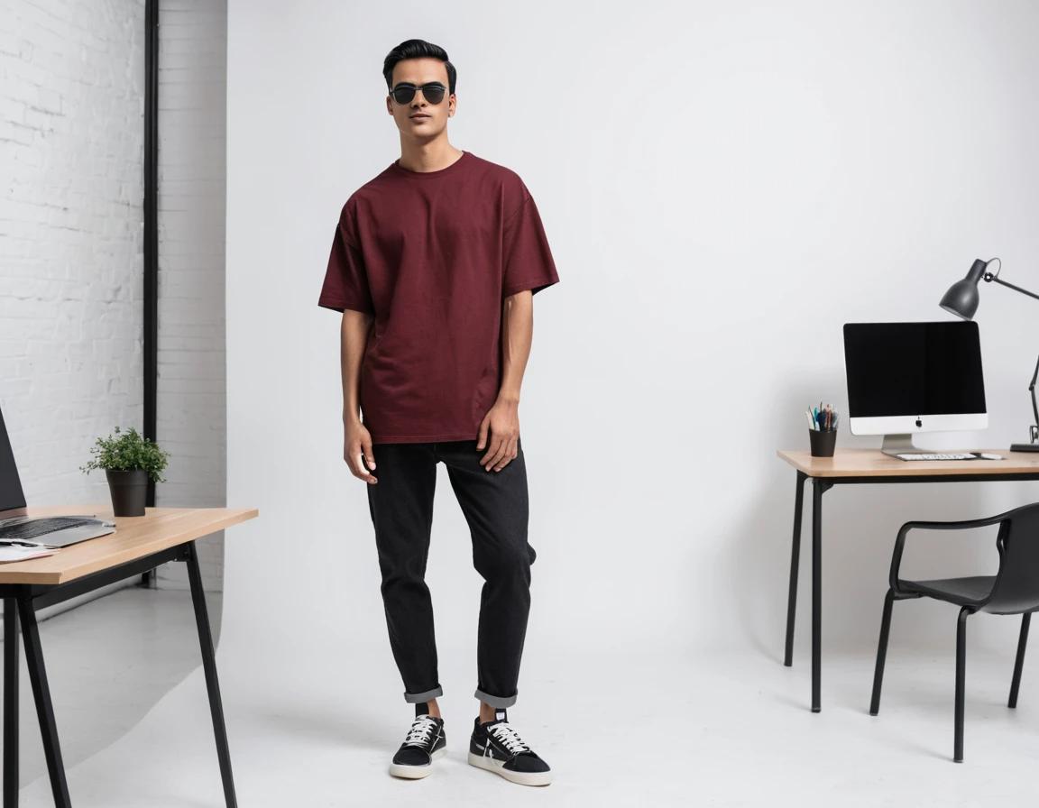 Men's solid maroon half sleeve oversized  t-shirt.