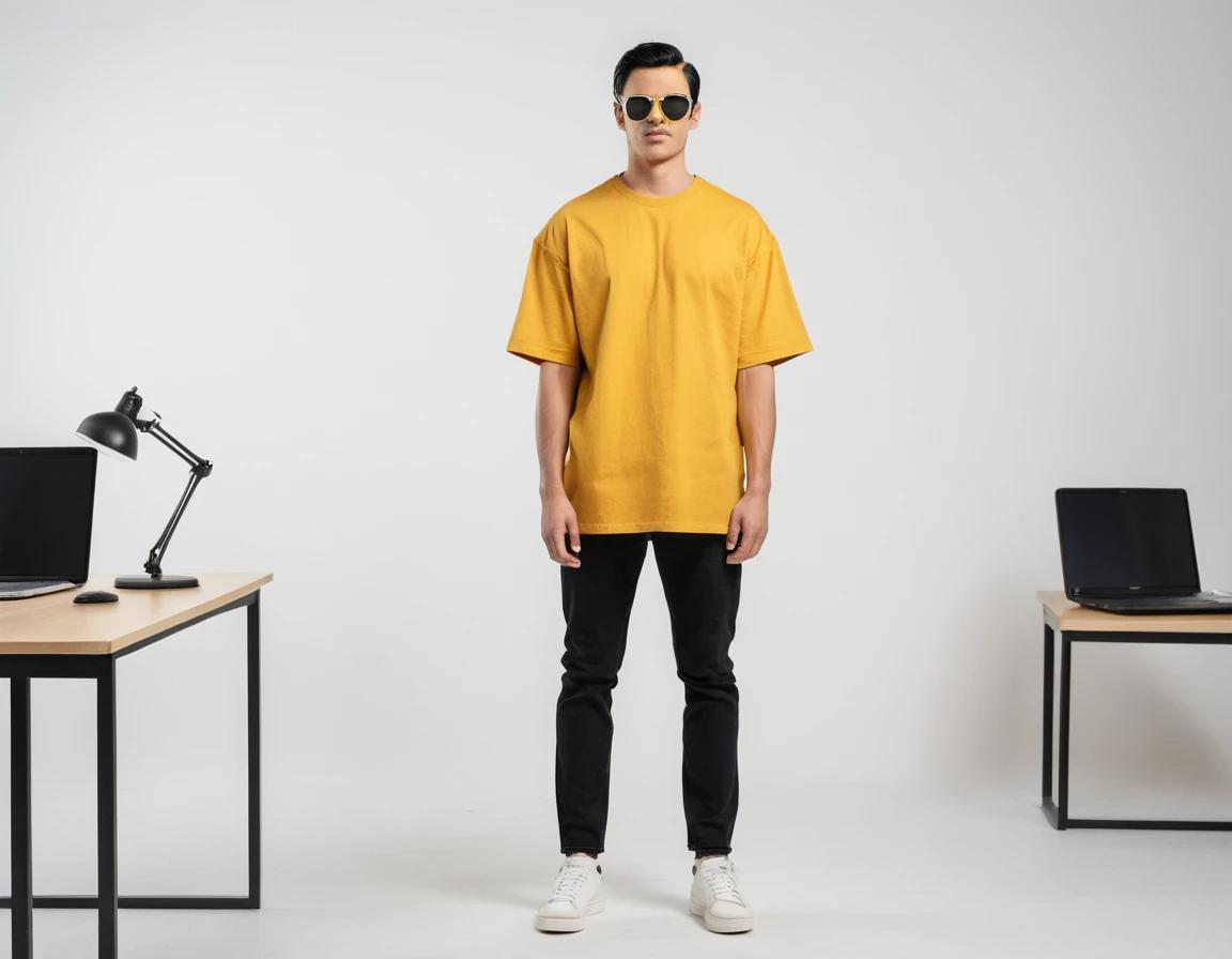 Men's solid new yellow half sleeve oversized  t-shirt.