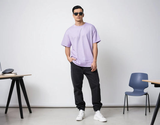 Men's solid lavender half sleeve oversized  t-shirt.