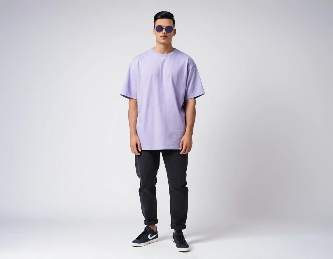 Men's solid lavender half sleeve oversized  t-shirt.