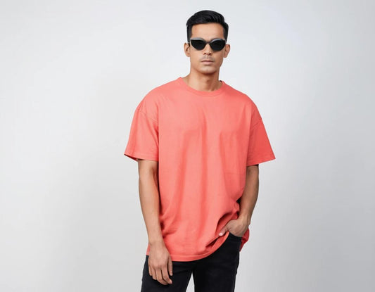 Men's solid coral half sleeve oversized  t-shirt.