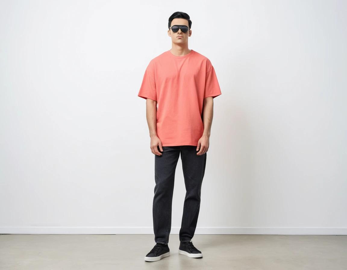 Men's solid coral half sleeve oversized  t-shirt.