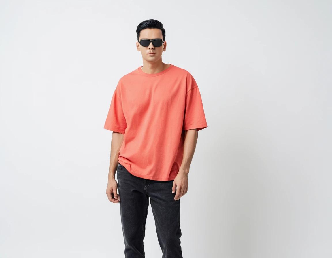 Men's solid coral half sleeve oversized  t-shirt.