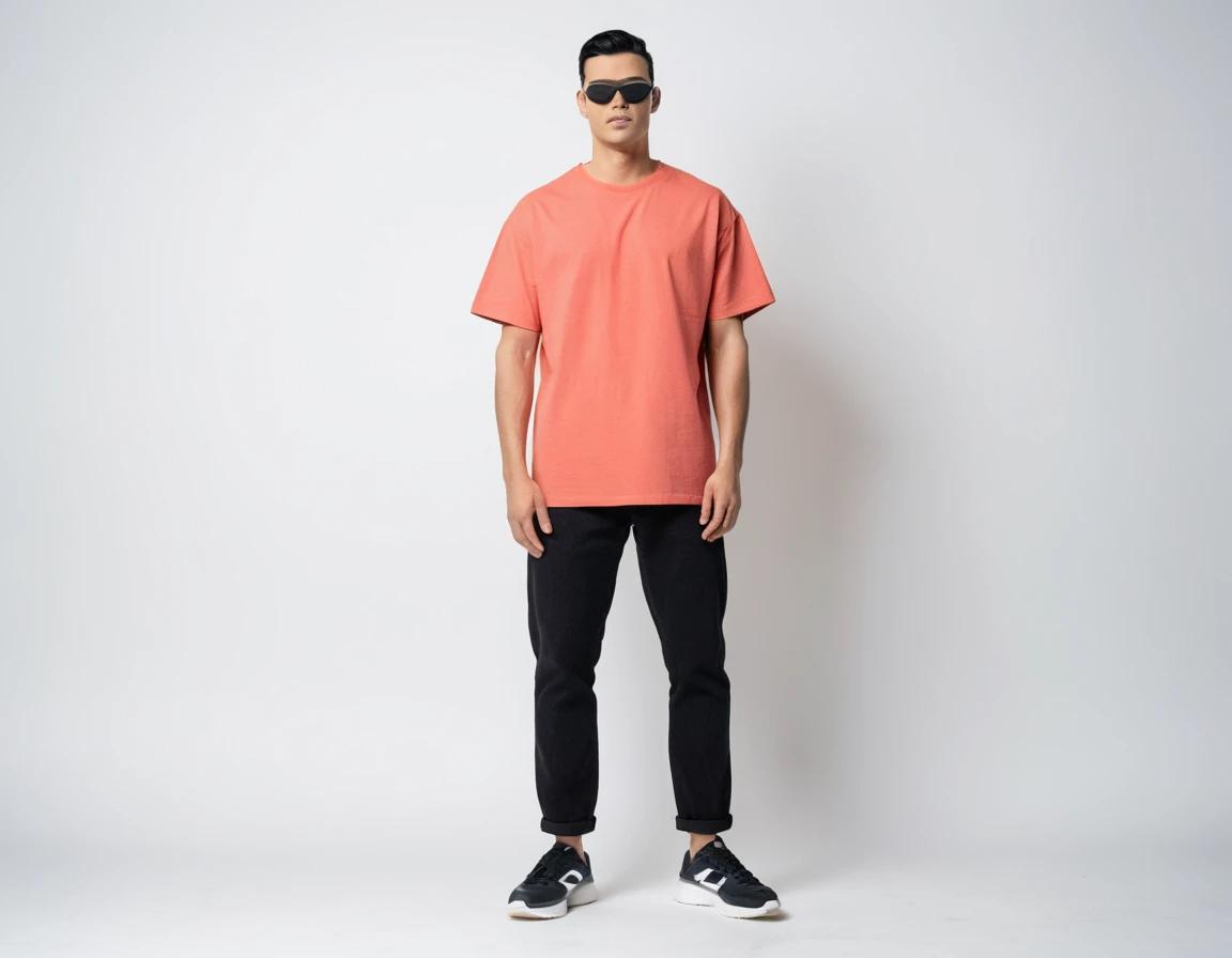 Men's solid coral half sleeve oversized  t-shirt.