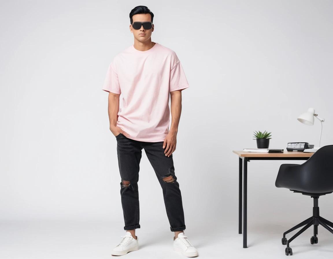 Men's solid baby pink half sleeve oversized  t-shirt.