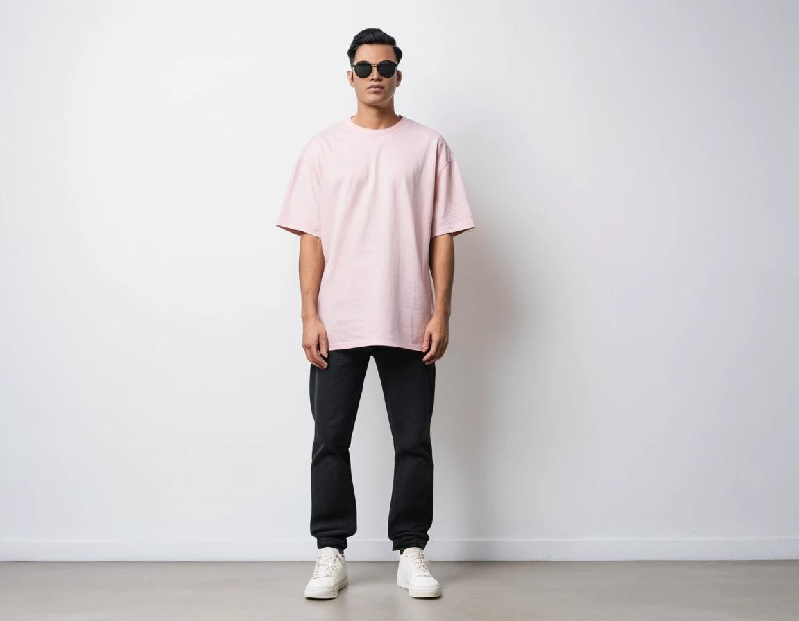 Men's solid baby pink half sleeve oversized  t-shirt.