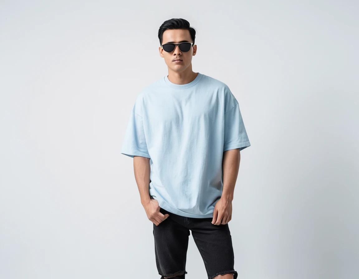 Men's solid baby blue half sleeve oversized  t-shirt.