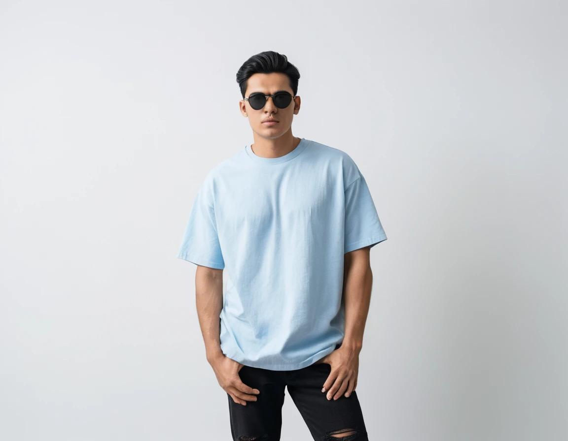 Men's solid baby blue half sleeve oversized  t-shirt.