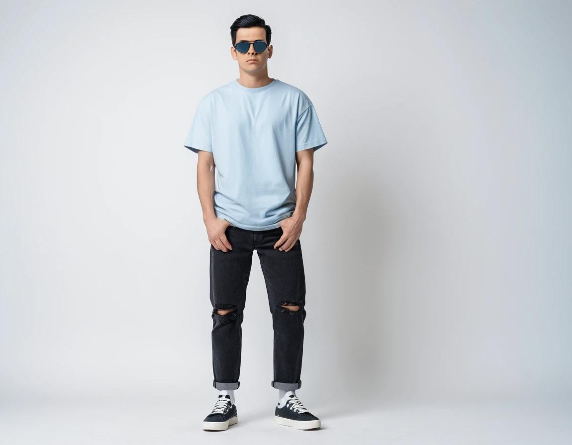 Men's solid baby blue half sleeve oversized  t-shirt.