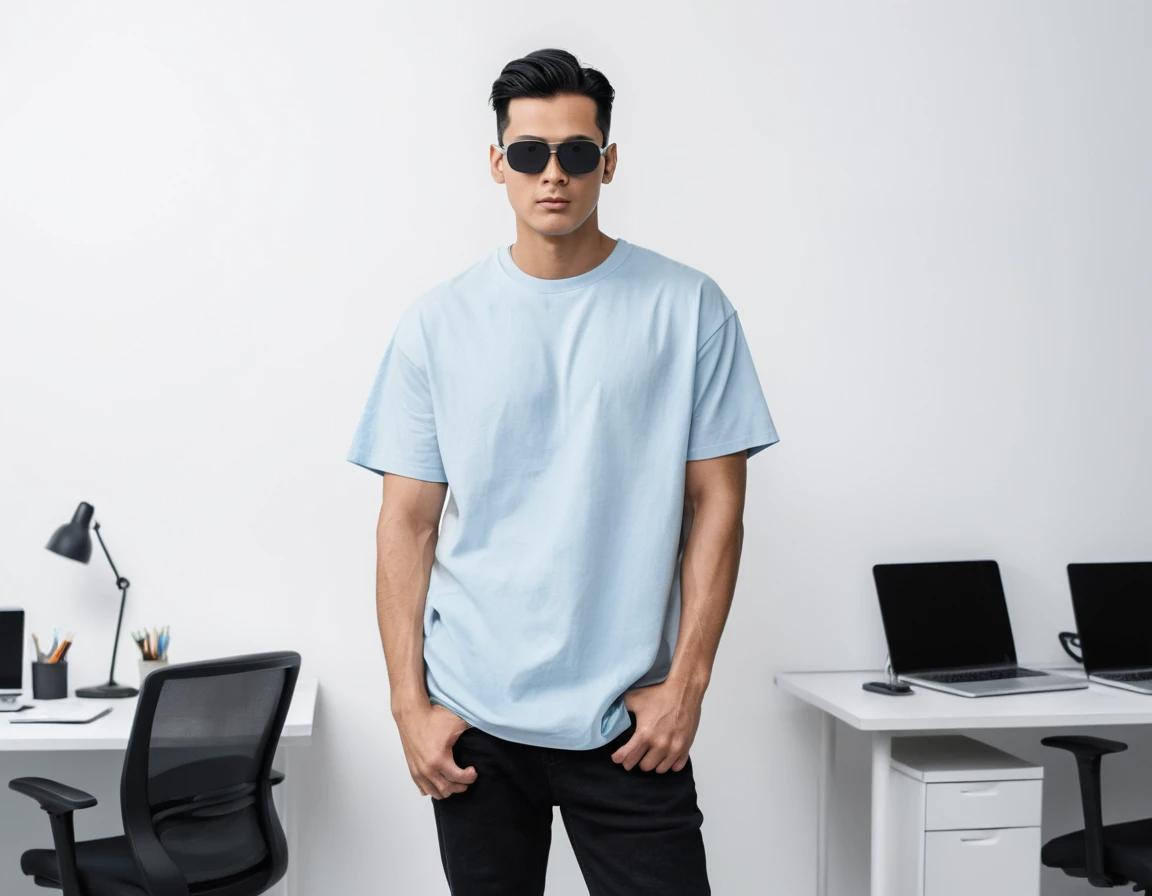 Men's solid baby blue half sleeve oversized  t-shirt.