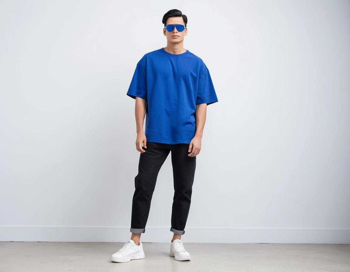 Men's solid royal blue half sleeve oversized  t-shirt.